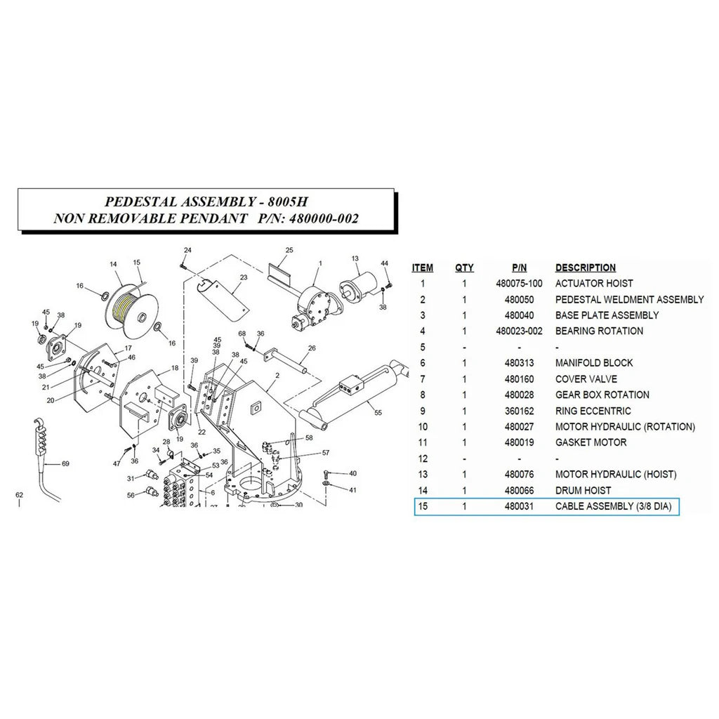 AUTO CRANE CABLE ASSEMBLY (3/8 DIA X 95') #480031000
